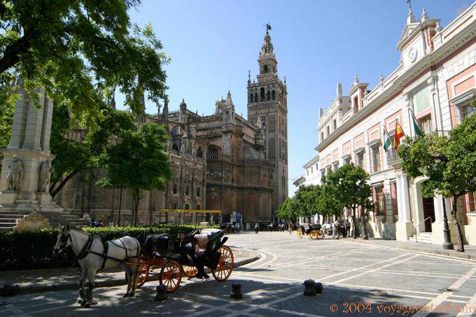 Vue sur la cathédrale depuis le Monument dedié à la Inmaculada Concepción, plaza del Triunfo, Séville - Espagne, Andalousie