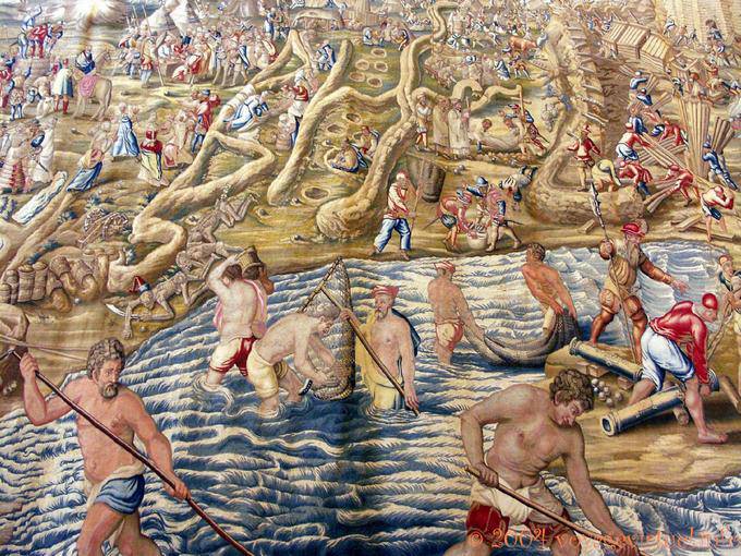 Tableau scène de pêche et de guerre, Alcazar de Séville - Espagne