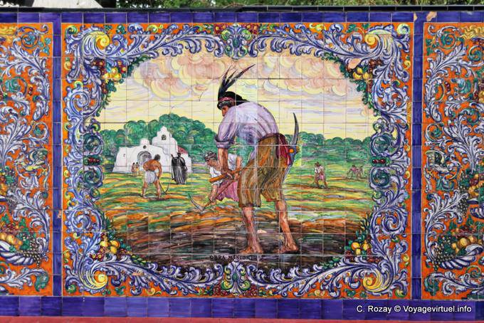 Travail des missionnaires et vie locale vue par les colons espagnols, fragment de frise, Mendoza Plaza De Espana - Argentine