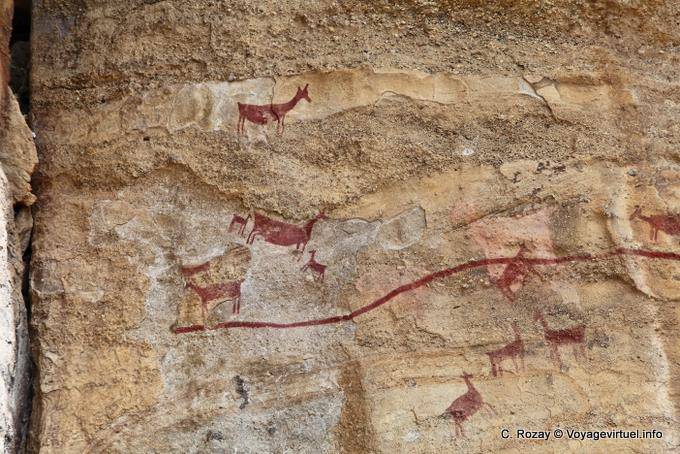 Fresque d'animaux réalisée en oxyde de fer, peinture rupestre Tehuelche, Walichu - Argentine