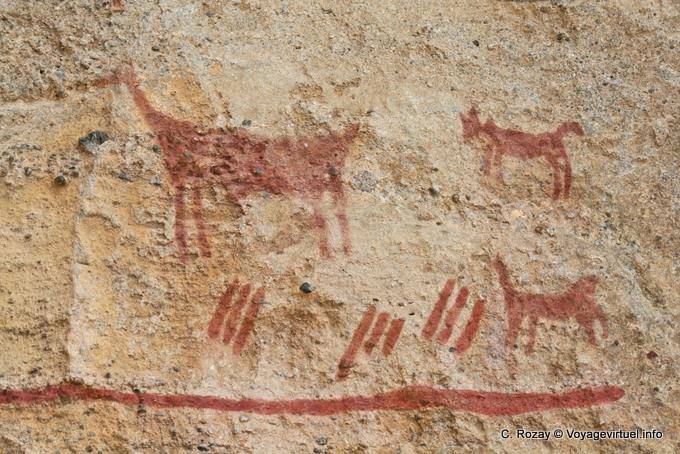 Guanaco en art pariétal, peinture rupestre des indiens Tehuelche, Walichu - Argentine