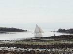 Voilier à marée basse passant vers la pointe de Vil à Roscoff, Bretagne, France.