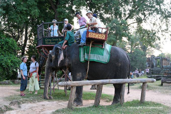 Touristes sur éléphant, Phnom Bakheng, Angkor, Cambodge