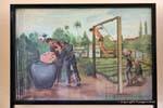 Torture pour étouffer le prisonnier dans une cuve d'eau croupie, peinture de Vann Nath, S-21, Phnom Penh, Cambodge.