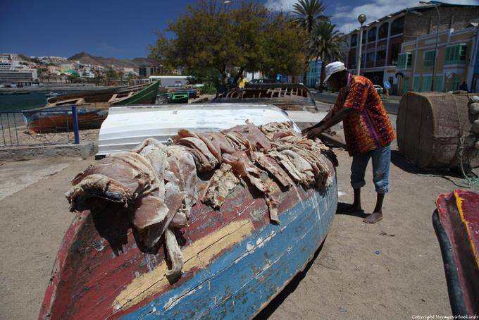 São Vicente, port de pêche de Mindelo, séchage sur étrave - Cap Vert