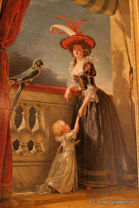 Ara et femme avec petite fille, tableau, Versailles