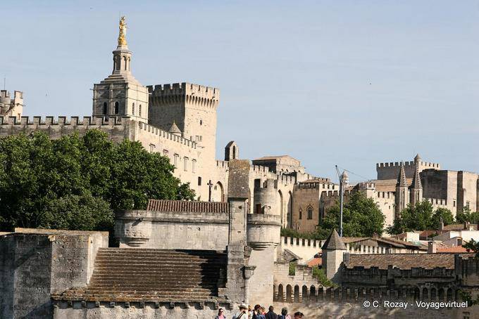 Forêt de créneaux sur le rocher des Doms, vue depuis le pont Saint-Benezet, Avignon, Provence, France