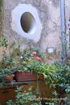 Ramatuelle, oeil de boeuf dans le mur et fleurissement, France.