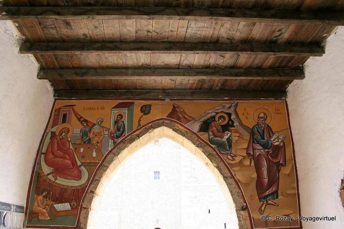 Décoration et plafond de bois, monastère de Toplou - Crète, Grèce