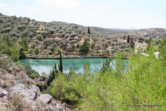 Zaros, autre vue sur la retenue d'eau de Volomos, cyprès et oliviers - Crète, Grèce