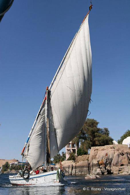 Voile en trapèze de felouque gonflée par le vent, Assouan - Égypte
