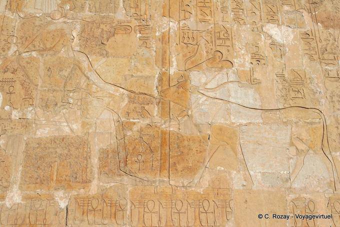 Représentation de la vache Hathor léchant la main du pharaon, temple d'Hatchepsout - Égypte