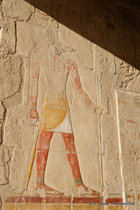 Anubis avec le sceptre ouas (main gauche) et le ankh (droite), temple d'Hatchepsout - Égypte