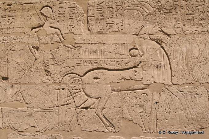 Fresque du Pharaon conduisant son char, temple de Karnak - Égypte