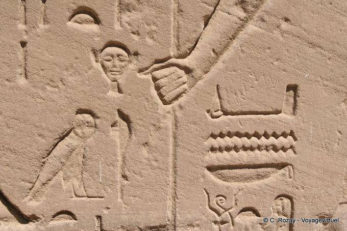 Gros plan sur le détail d'un relief, tête, chouette et main, Temple de Karnak - Égypte