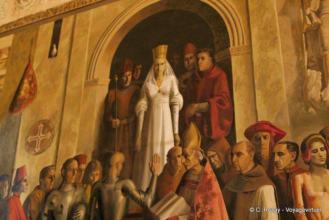 Fresque représentant le couronnement de la Reine Isabelle la Catholique, oeuvre de Carlos Muñoz de Pablos, Salle de la Galère, Alcazar, Ségovie - Espagne