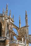 Autre vue sur les cigognes installées sur la dentelle de pierre, Cathédrale Notre-Dame de León, Espagne.