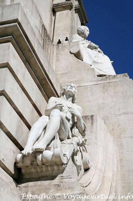 Vue sur les statues de Dulcinea del Toboso et celle d'en-dessous, monument à Cervantes, Plaza de Espana, Madrid - Espagne