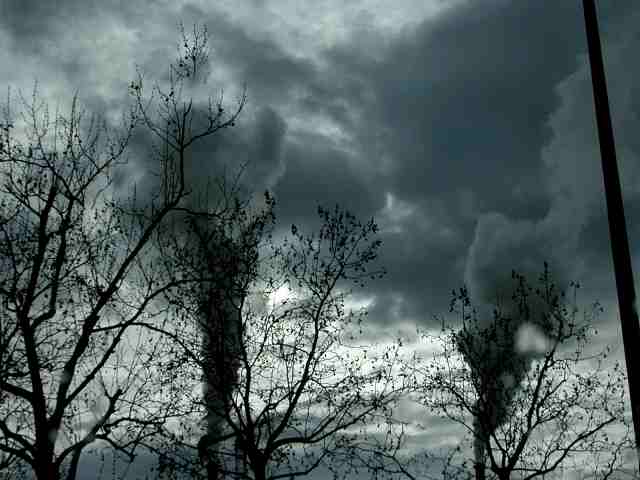 Cheminées de l'usine thermique d'Ivry, même taxi - Avril 2005
Le ciel plombé et les volutes de vapeur d'eau donnent comme un effet de fin du monde

