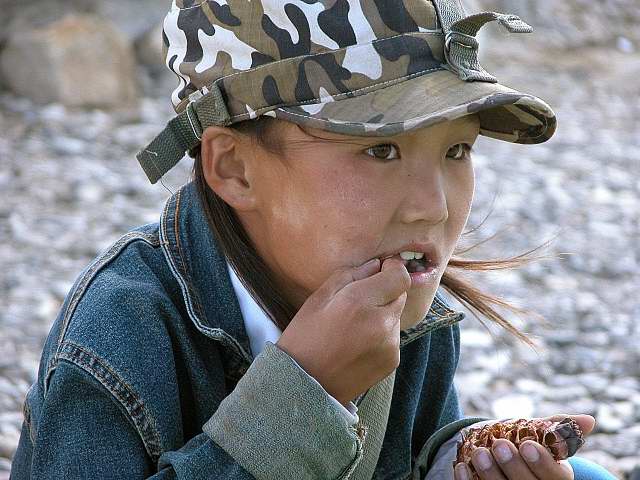 Enfant mongol
Petite fille mangeant des pignons de pin sur un marché
Mots-clés: Mongolie