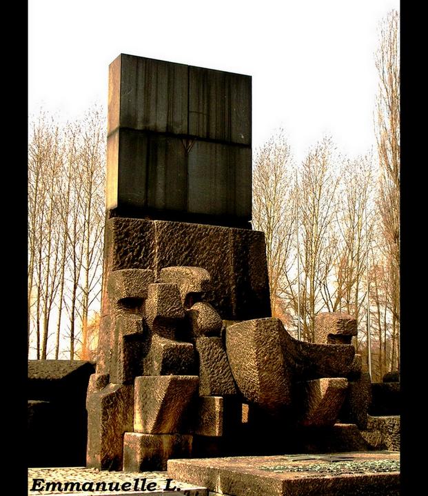 Monument aux morts
Ceci est le monuments aux morts dédié aux personnes qui ont vécues et /où qui sont morts dans les camps d'exterminations et de concentrations.Il représente un four crématoire et se situe au fond du camp  de Birkenau.
Mots-clés: pologne birkenau