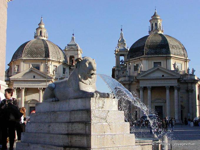 Lion fontaine devant les dômes de Santa Maria in Montesanto et Santa Maria dei Miracoli, Piazza del Popolo, Rome - Italie