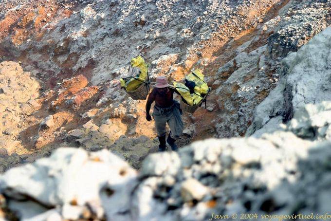 12 tonnes de minerai de soufre sont extraites par jour, Kawa Ijen, Java - Indonésie