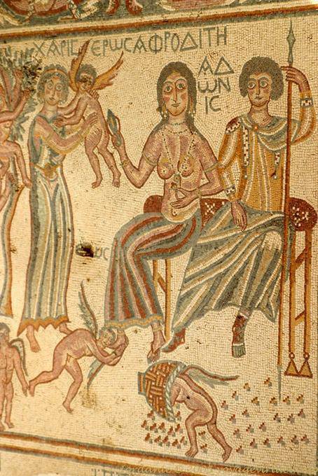 Angelots et couple assis, mosaique du Parc Archéologique, Madaba - Jordanie