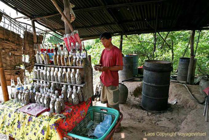 Vendeur d'alcool de riz avec serpent dans la bouteille, Ban Xanhai, Laos