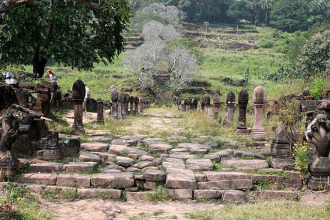 Allée pavée aux lingas, Wat Phou, Laos