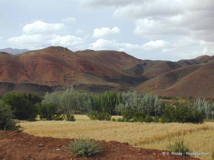 Champs cultivés et montagne sur la route du Tiz'n Tichka - Maroc
