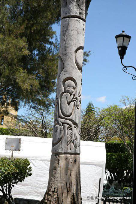 Sculpture sur un tronc d'arbre, Zócalo, Comitán de Dominguez - Mexique