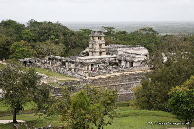 Le palais et la tour de l'observatoire, Panorama, Palenque - Mexique