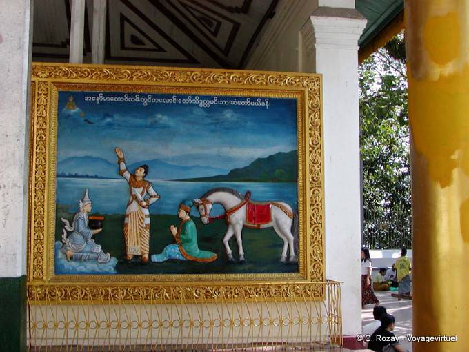 Tableau en relief illustrant un moment de la vie du Bouddha, pagode de Shwedagon, Yangon - Myanmar (Birmanie)