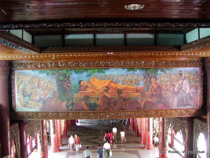 Fresque peinte dans un couloir d'entrée de la pagode de Shwedagon, Yangon - Myanmar (Birmanie)
