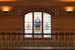 Vitrail du balcon intérieur, Dunedin, Railway Station, Nouvelle-Zélande.