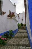 Une ruelle avec un escalier pavé, Óbidos, Portugal.
