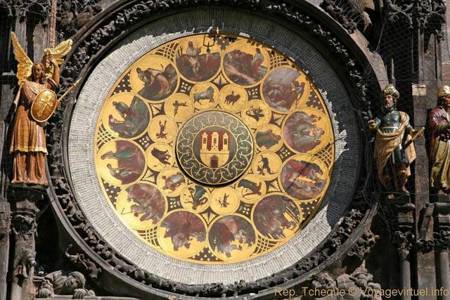 Gros plan sur le cercle zodiacal de l'horloge astronomique, Vieille-Ville, Ancien Hôtel de ville - Prague, République Tchèque