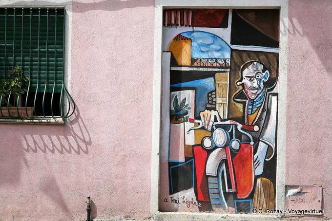 Orgosolo, le motard, Toni Ligabrie, murales - Sardaigne