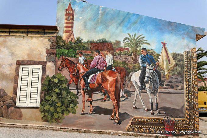 Tinnura, les cavaliers du Palio, murales - Sardaigne