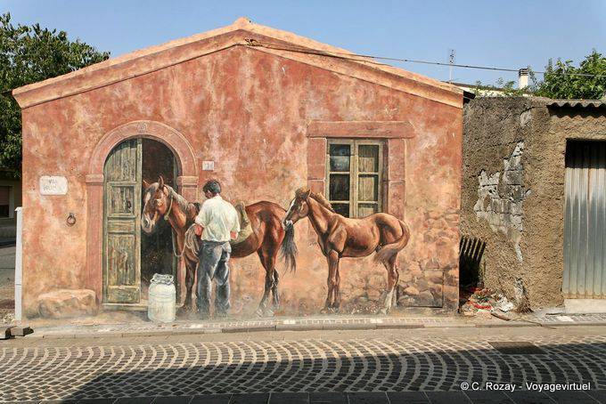 Tinnura, les chevaux de la Via Nuova, trompe-l'œil - Sardaigne