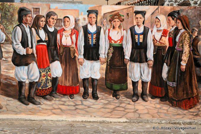 Tinnura, un groupe folklorique en costume, Murales Via S. Satta - Sardaigne