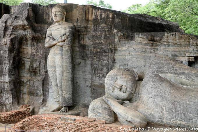 Le grand Bouddha gisant, parvenu au nirvāna et le bouddha debout, Gal Vihara, Polonnaruwa - Ceylan Sri Lanka