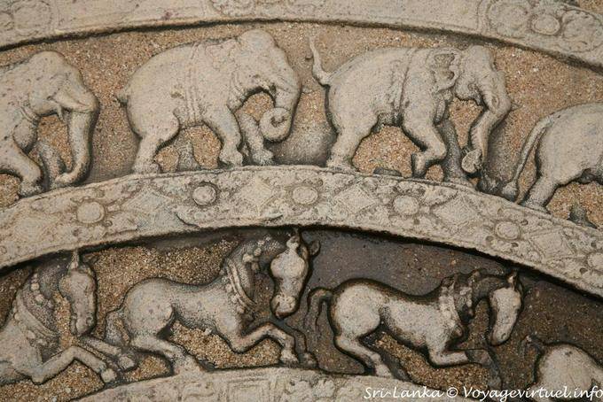 Détails de la lune de pierre ou sandakada pahana avec éléphants et chevaux, Vatadage, Polonnaruwa - Ceylan Sri Lanka