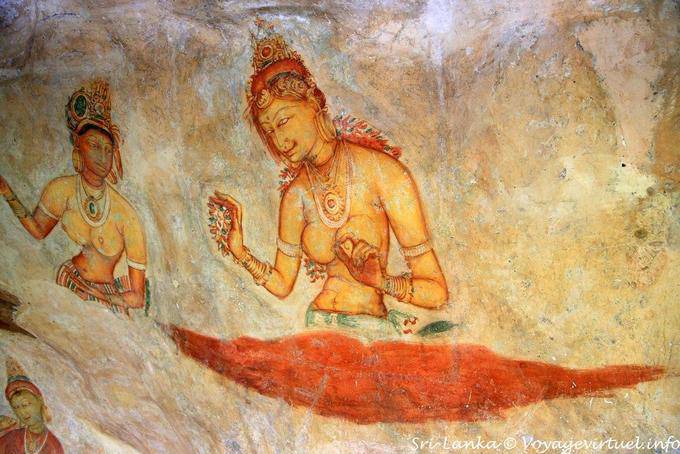 Tableau montrant des apsaras (êtres célestes) ou femmes nobles, Demoiselles de Sigirîya - Ceylan Sri Lanka