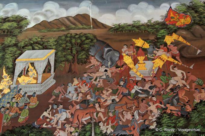 Tableau de scène bagarre et pillage, Wat Phanan Choeng, Ayutthaya - Thaïlande