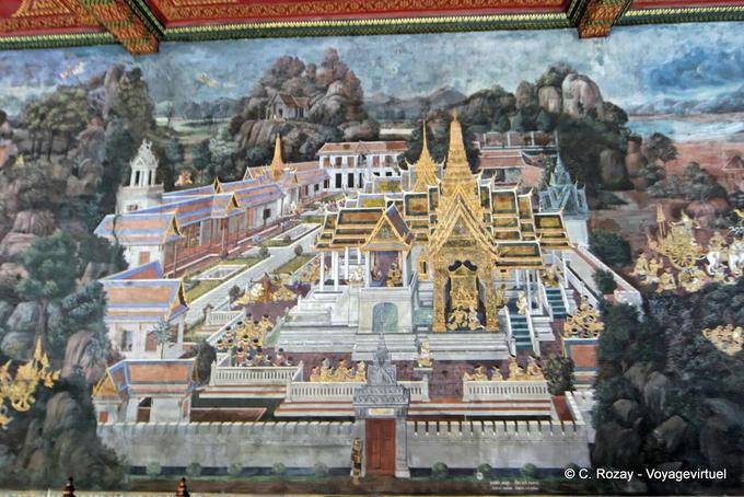 Peinture représentant le palais, Wat Phra Kaeo, Bangkok - Thaïlande