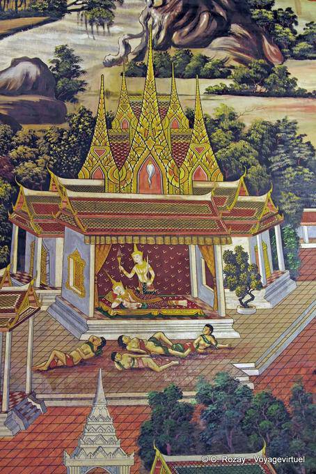 Scène de la vie royale, peinture murale, Wat Phra Si Rattana Mahathat, Phitsanulok - Thaïlande